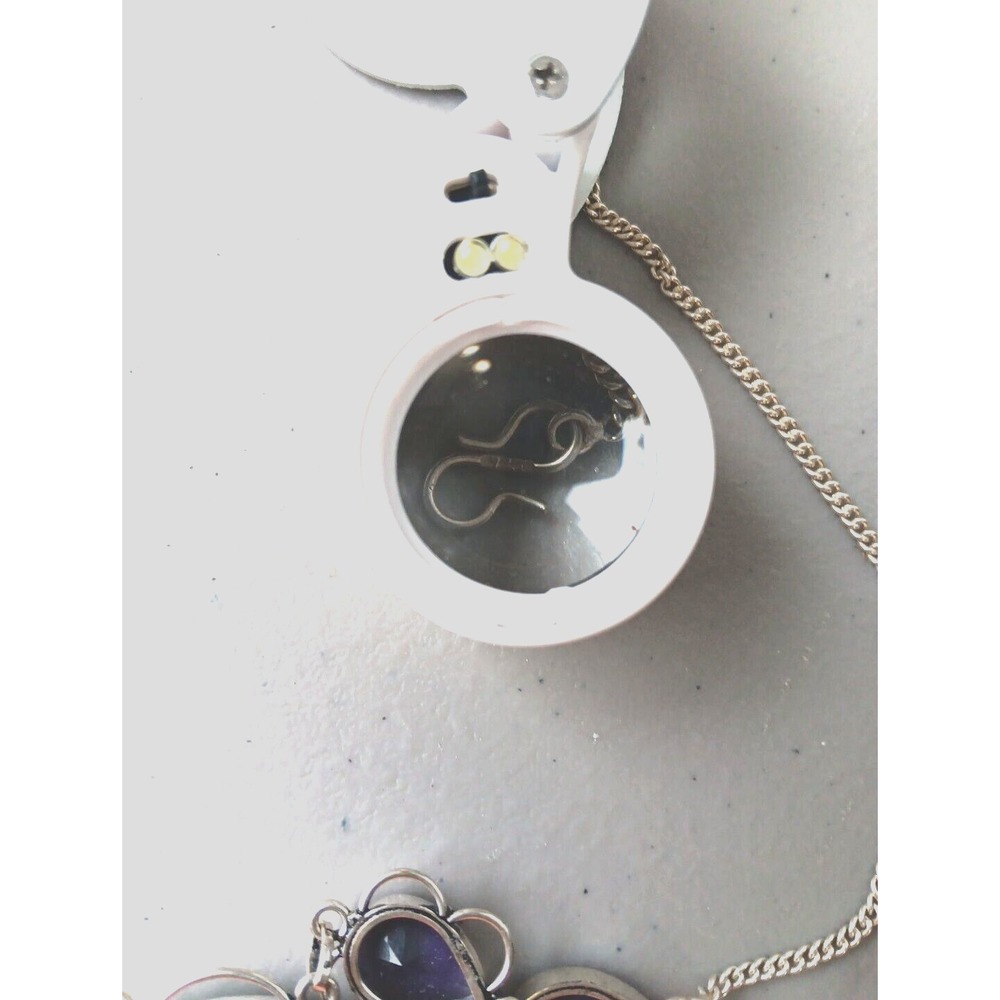 Silver 925 Framed Malachite Necklace Surrounded by Teardrop Amethyst BOHO MCM - Picture 6 of 6